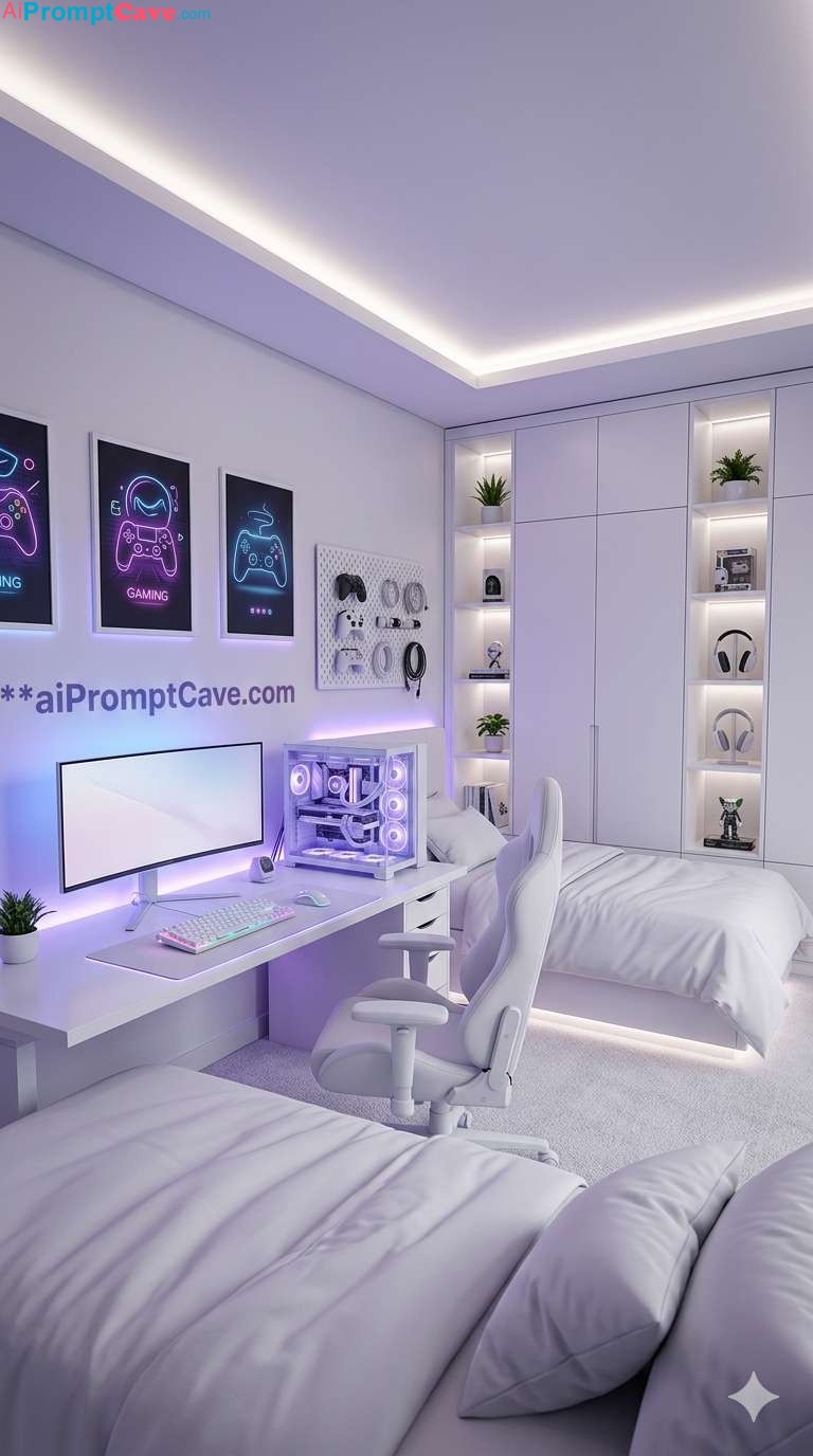 Minimalist White Gaming Bedroom Neon LED Setup Cinematic Interior Design - Free Ai Image Prompt