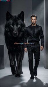 Model Man With Giant Black Wolf in Balenciaga Fashion Scene - Free Ai Image Prompt