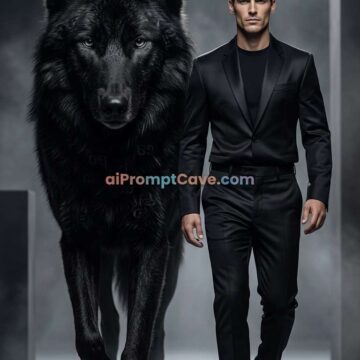 Model Man With Giant Black Wolf in Balenciaga Fashion Scene - Free Ai Image Prompt