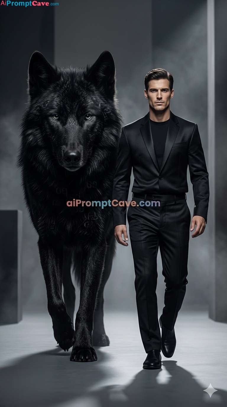 Model Man With Giant Black Wolf in Balenciaga Fashion Scene - Free Ai Image Prompt