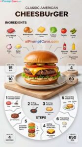 Cheeseburger Recipe Infographic Prompt - Free Ai Prompt Modern cheeseburger recipe infographic with steps, ingredients, and cinematic food styling in ultra-realistic 916 design.