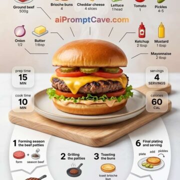 Modern cheeseburger recipe infographic with steps, ingredients, and cinematic food styling in ultra-realistic 916 design.