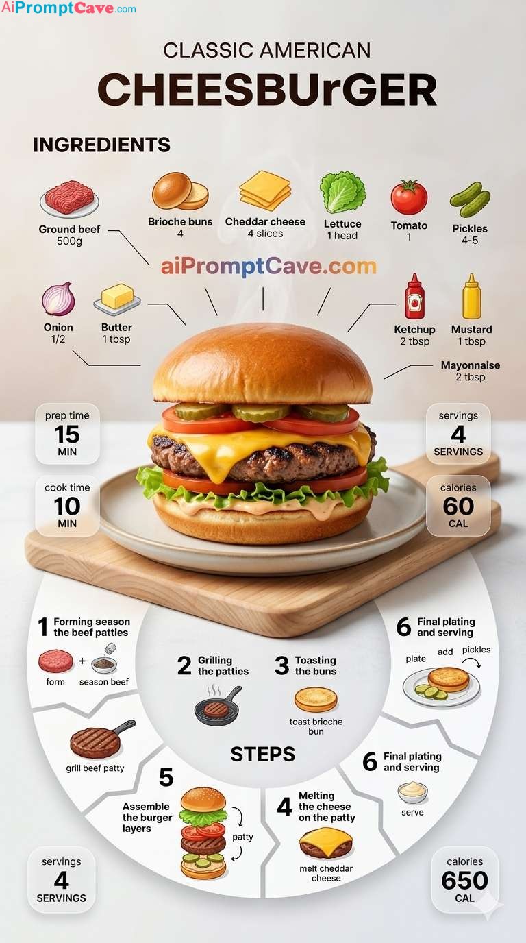 Modern cheeseburger recipe infographic with steps, ingredients, and cinematic food styling in ultra-realistic 916 design.