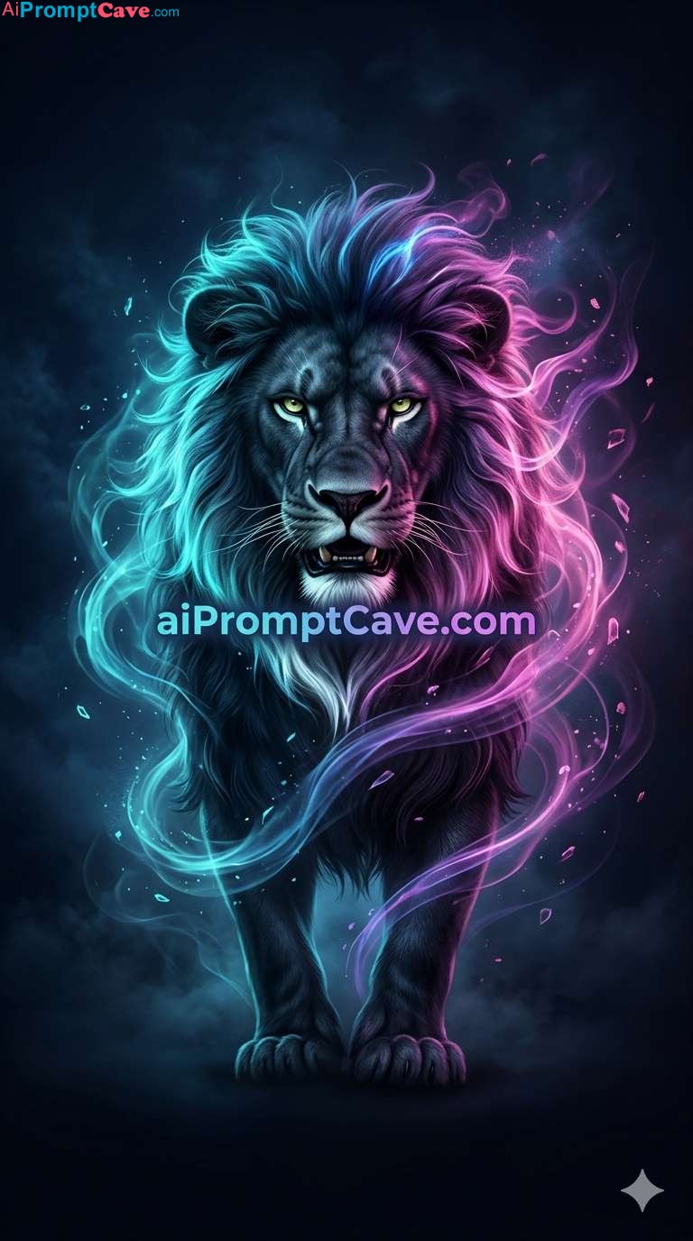 Mystical Black Lion Neon Energy Cinematic Fantasy Portrait - Free Ai Image Prompt
