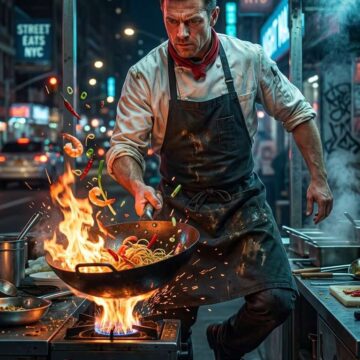 NYC Street Food Chef Action Poster - Free Ai Prompt