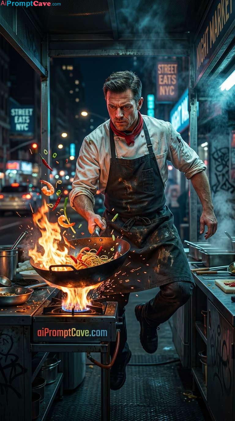 NYC Street Food Chef Action Poster – Free Ai Prompt NYC Street Food Chef Action Poster - Free Ai Prompt