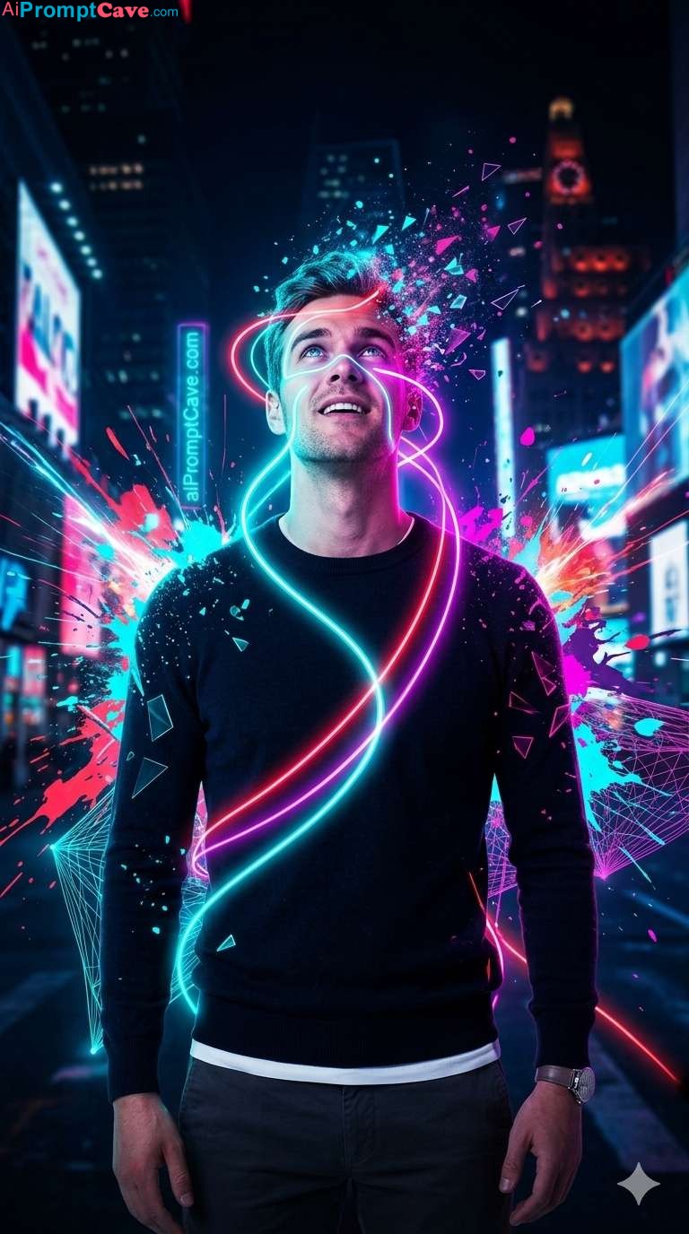 Neon Cyberpunk Portrait Explosion – Futuristic Abstract Character Prompt - Free Ai Image Prompt
