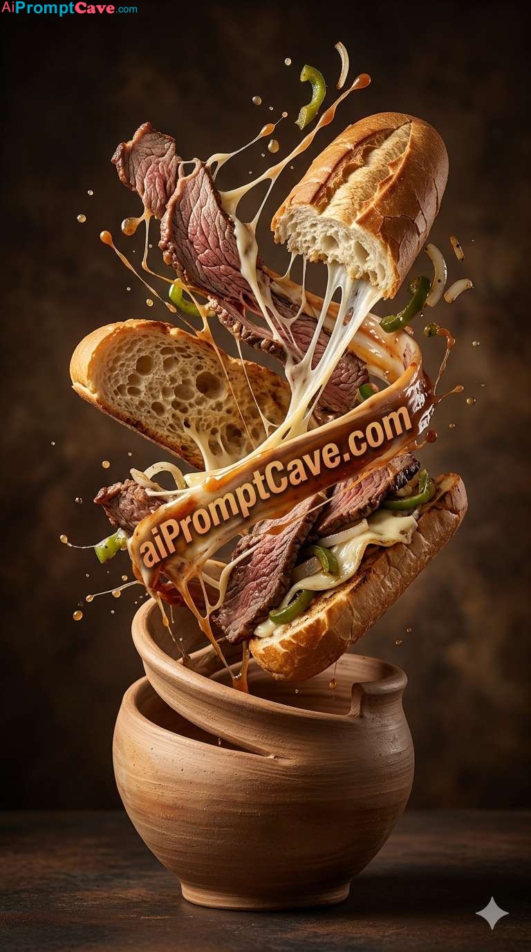 Philly Cheesesteak Deconstruction Spiral Explosion - Free Ai Image Prompt