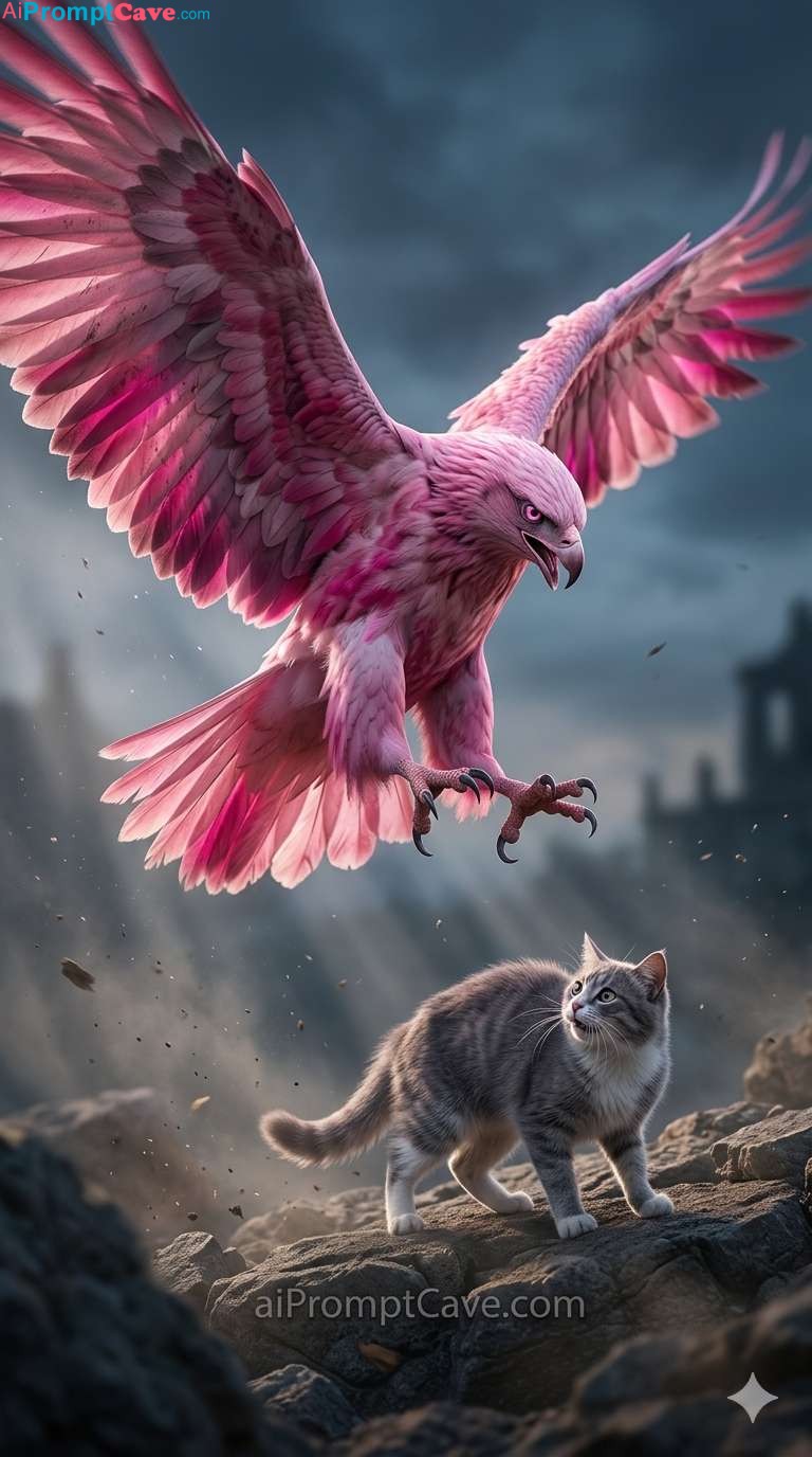 Pink Eagle Villain Attacking Cat - Free Ai Image Prompt