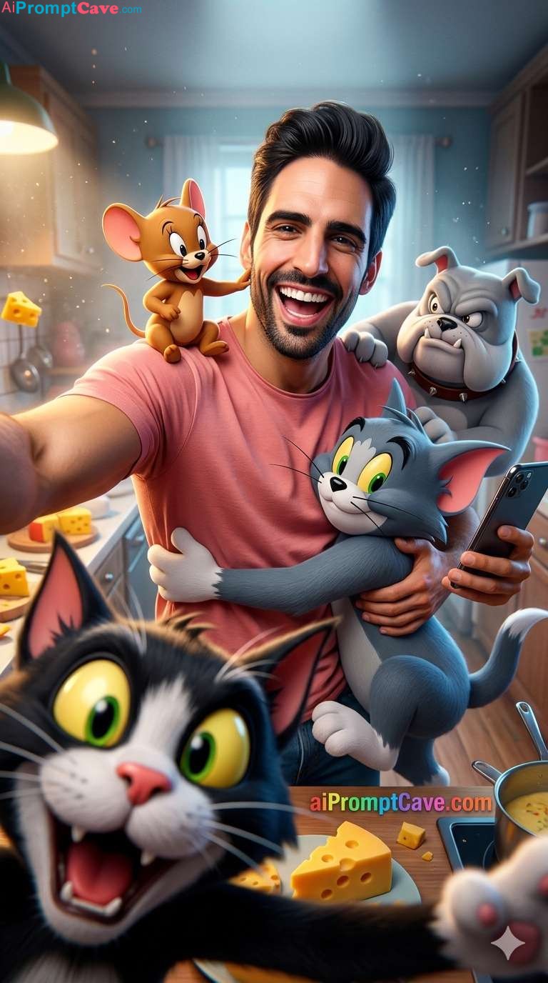 Realistic Selfie with Tom and Jerry Prompt - Free Ai Prompt