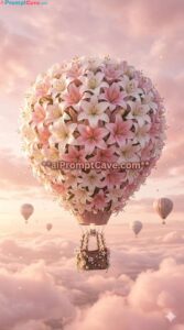 Romantic Floral Hot Air Balloon Scene in Pink Sky Fantasy - Free Ai Image Prompt