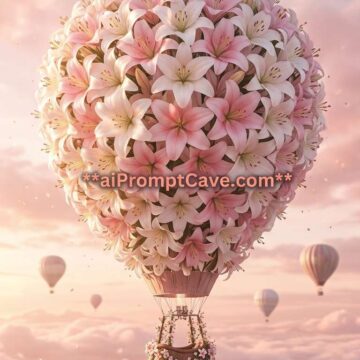 Romantic Floral Hot Air Balloon Scene in Pink Sky Fantasy - Free Ai Image Prompt