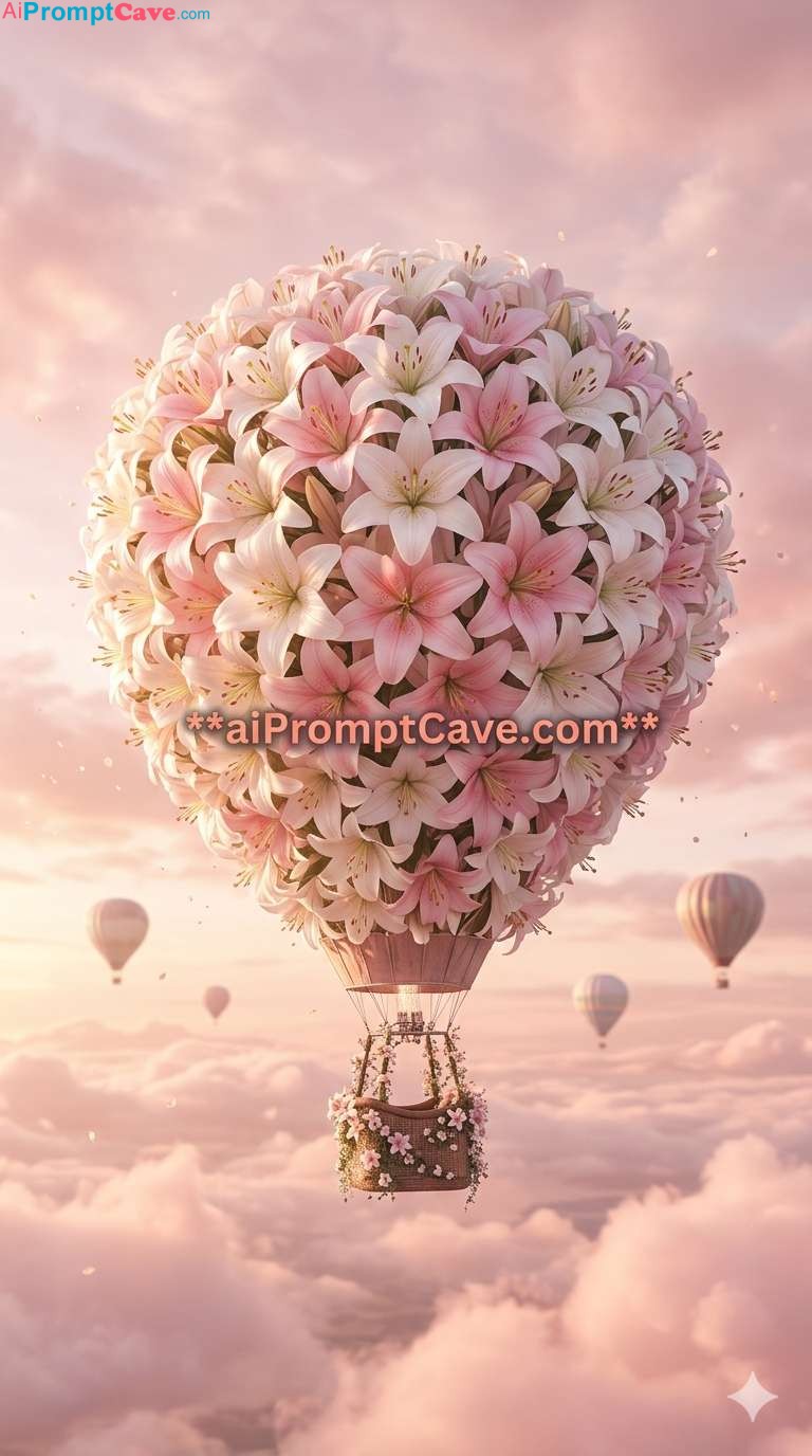 Romantic Floral Hot Air Balloon Scene in Pink Sky Fantasy - Free Ai Image Prompt