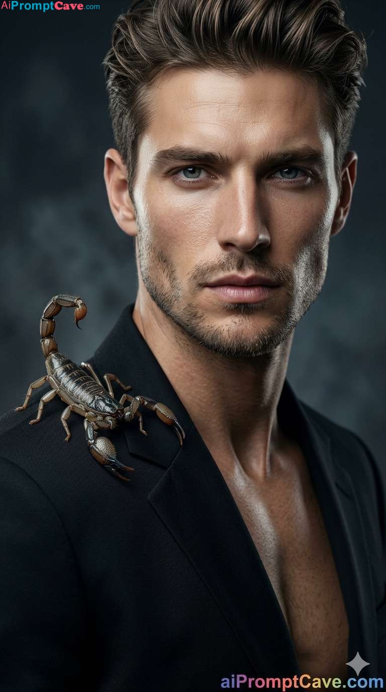 Scorpion Shoulder Fashion Portrait - Cinematic Close-Up - Free Ai Image Prompt