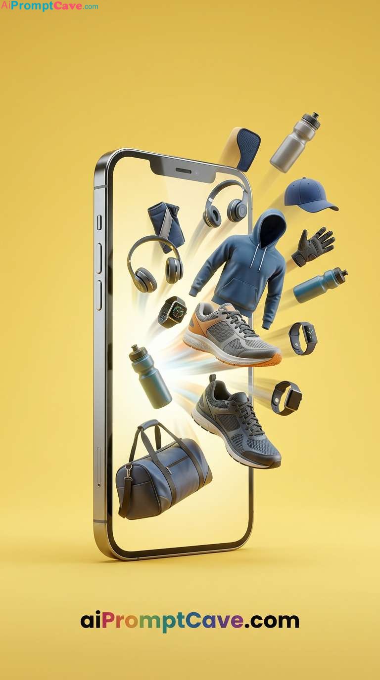 Smartphone Ad with Floating Sportswear Accessories - Free Ai Image Prompt