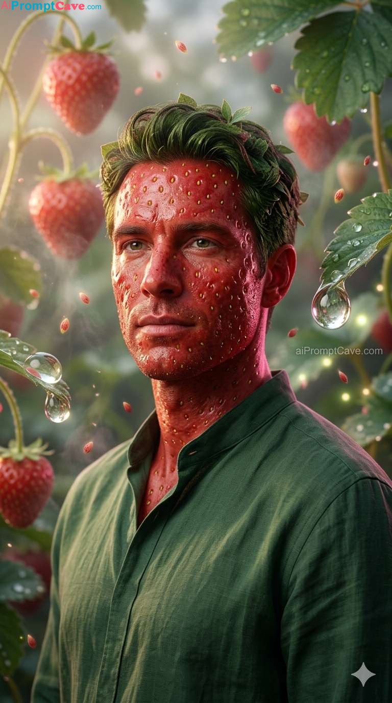 Strawberry Skin Man Surreal Portrait – Hyper Realistic Fantasy Prompt - Free Ai Image Prompt