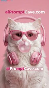 Stylish White Cat with Pink Sunglasses and Headphones Bubble Gum Portrait - Free Ai Image Prompt