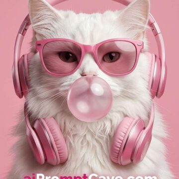 Stylish White Cat with Pink Sunglasses and Headphones Bubble Gum Portrait - Free Ai Image Prompt