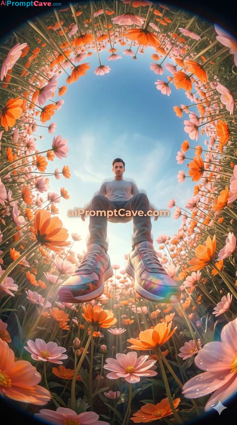 Surreal Floating Human Floral Tunnel Cinematic Fisheye Sky Scene - Free Ai Image Prompt