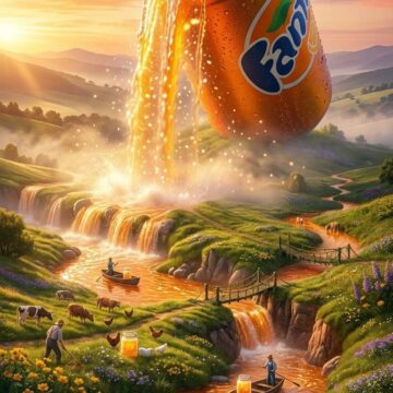 Surreal Giant Fanta Waterfall Landscape With Miniature Farm World - Free Ai Image Prompt
