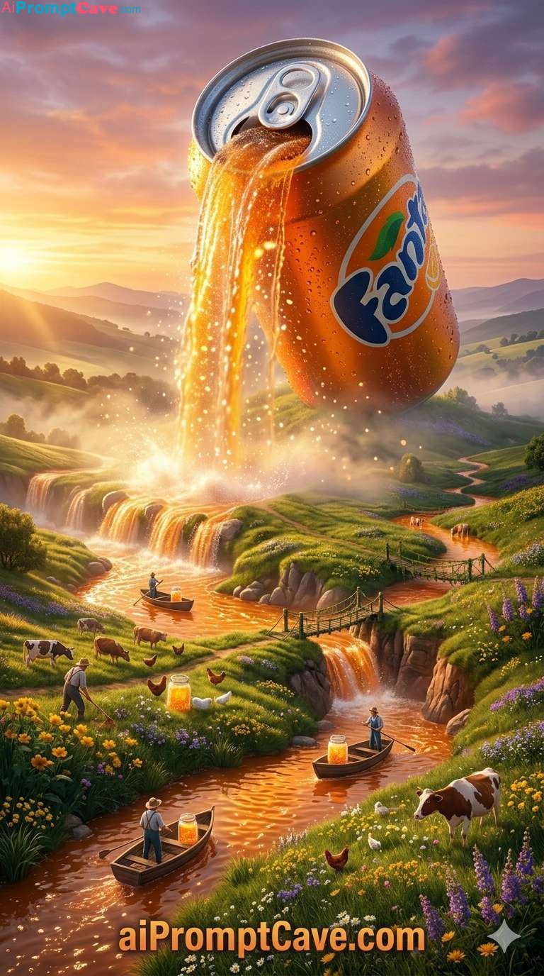 Surreal Giant Fanta Waterfall Landscape With Miniature Farm World - Free Ai Image Prompt