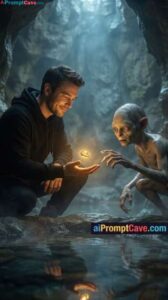 Take a Photo with Smeagol in Cinematic Cave Fantasy Scene - Free Ai Prompt