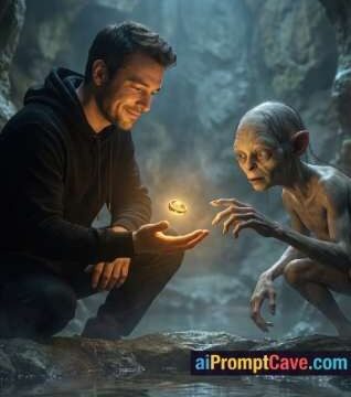 Take a Photo with Smeagol in Cinematic Cave Fantasy Scene - Free Ai Prompt