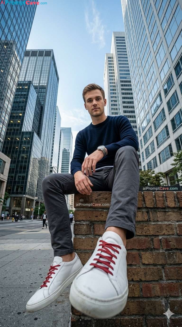 Take a Picture in Low Angle City Skyscraper Fashion Portrait Cinematic Fisheye Street Scene - Free Ai Prompt