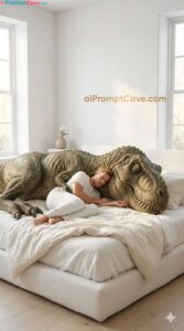 Take a Picture with Sleeping Dinosaur T-Rex Bedroom Scene - Free Ai Image Prompt