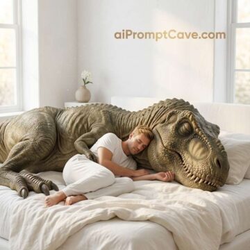 Take a Picture with Sleeping Dinosaur T-Rex Bedroom Scene - Free Ai Image Prompt