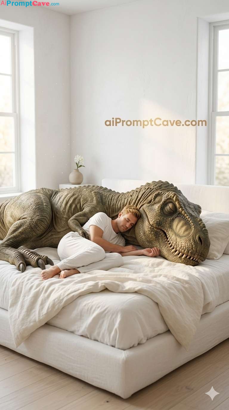 Take a Picture with Sleeping Dinosaur T-Rex Bedroom Scene - Free Ai Image Prompt