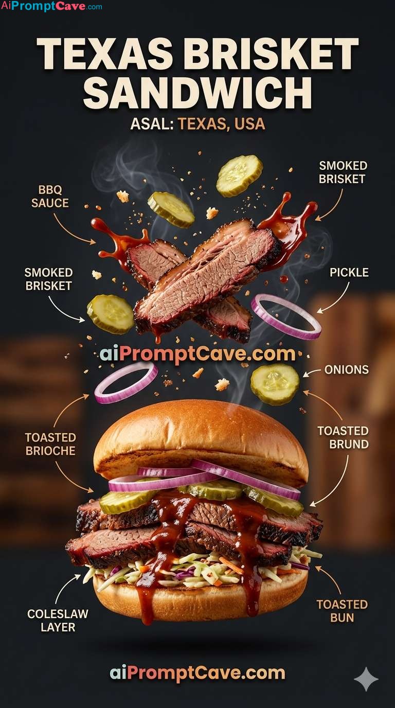 Texas Brisket Sandwich Cinematic Infographic Marketing Ad - Free Ai Prompt