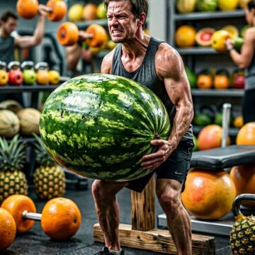 Tiny Man Lifting Giant Watermelon Funny Gym Scene - Free Ai Prompt