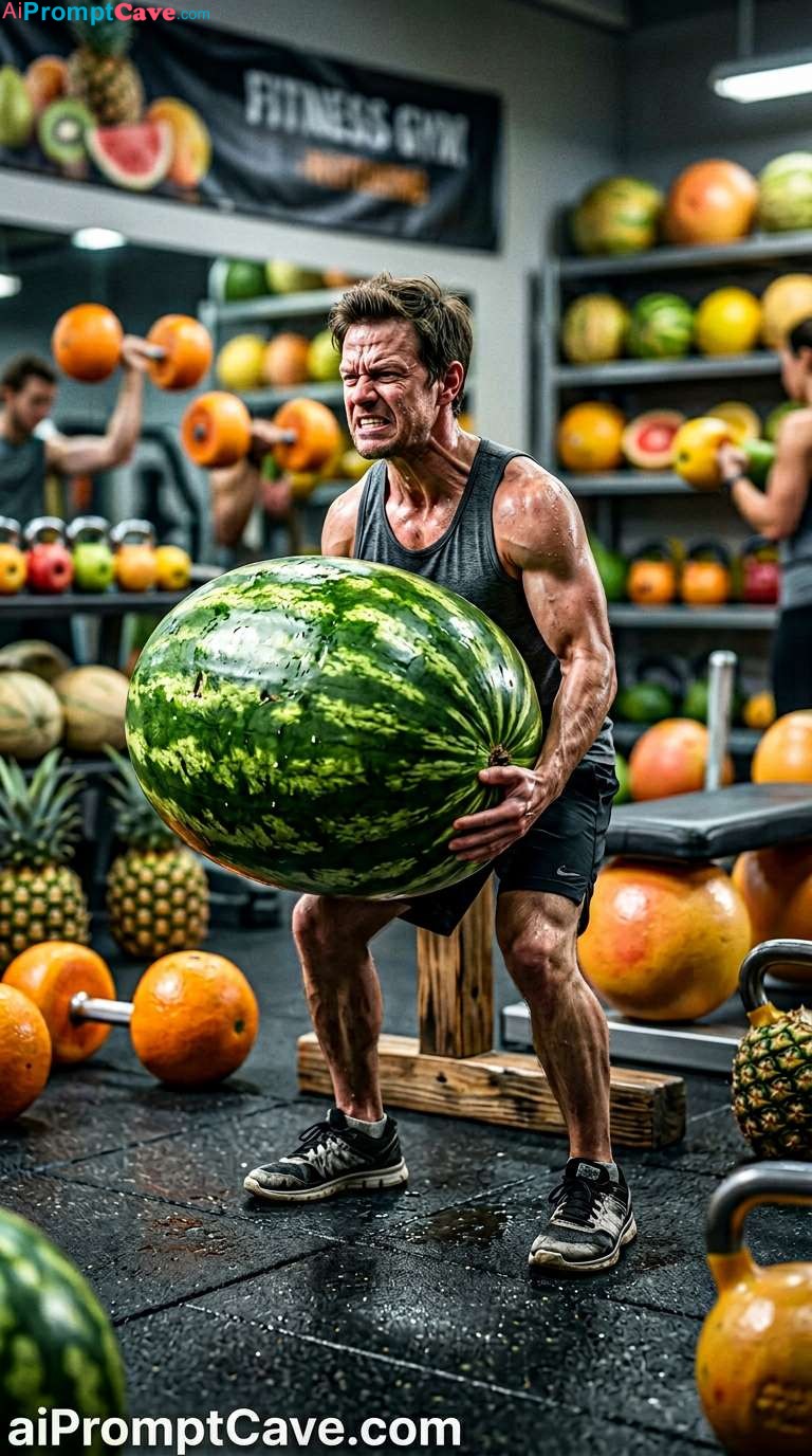 Tiny Man Lifting Giant Watermelon Funny Gym Scene - Free Ai Prompt