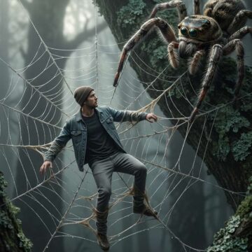 Tiny Man Trapped in Giant Spider Web Horror - Free Ai Prompt