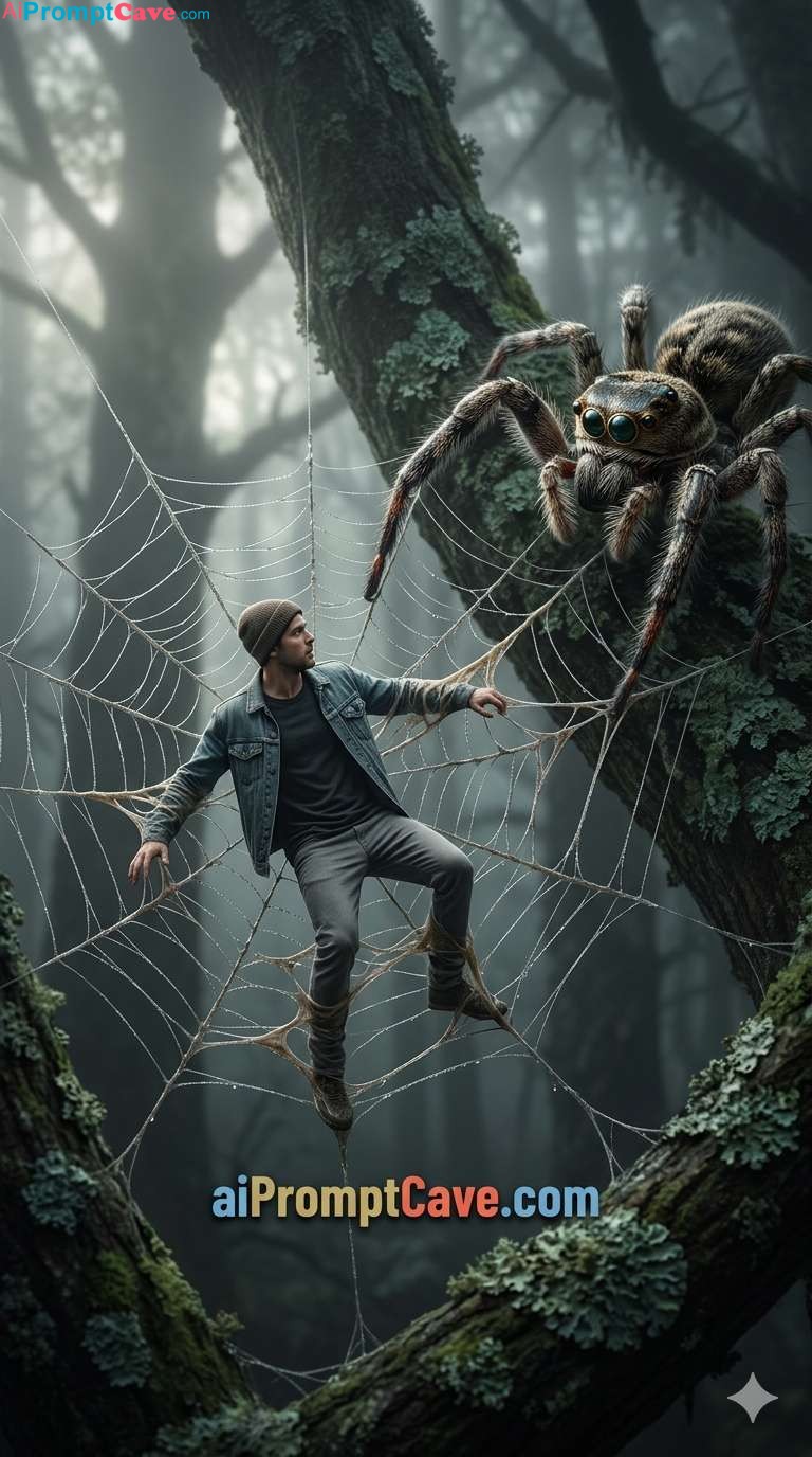 Tiny Man Trapped in Giant Spider Web Horror - Free Ai Prompt