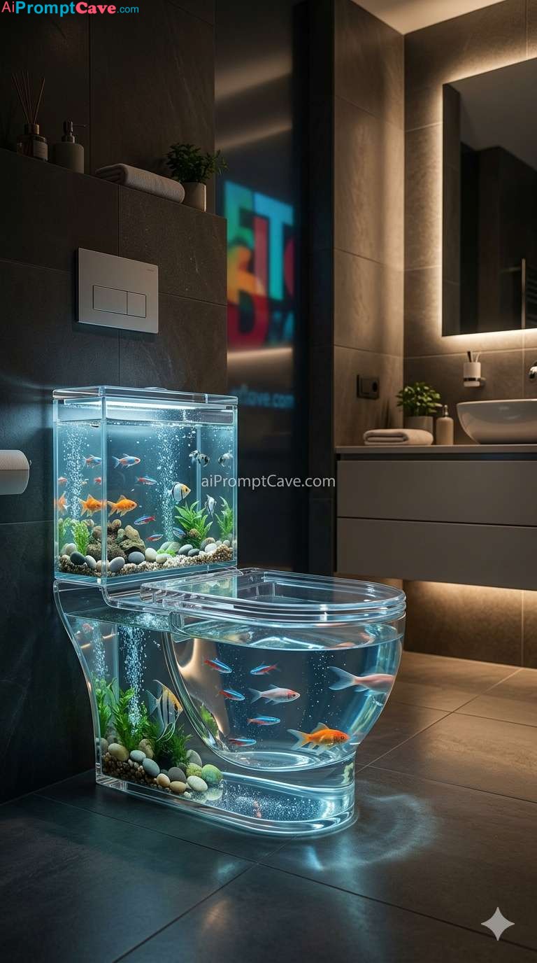 Transparent Aquarium Toilet Concept – Hyper Realistic Bathroom Prompt - Free Ai Image Prompt