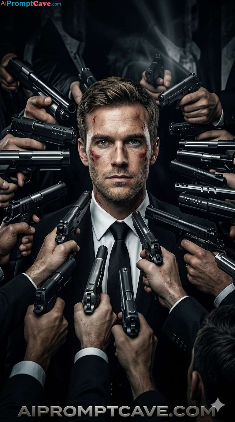 Turn your Photo into Action Portrait Surrounded by Guns Movie Poster - Free Ai Prompt