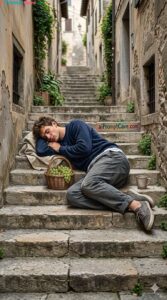 Turn your Photo into Anamorphic Street Art Illusion Sleeping Man Staircase - Free Ai Prompt