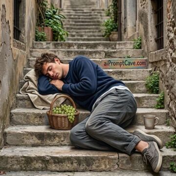 Turn your Photo into Anamorphic Street Art Illusion Sleeping Man Staircase - Free Ai Prompt