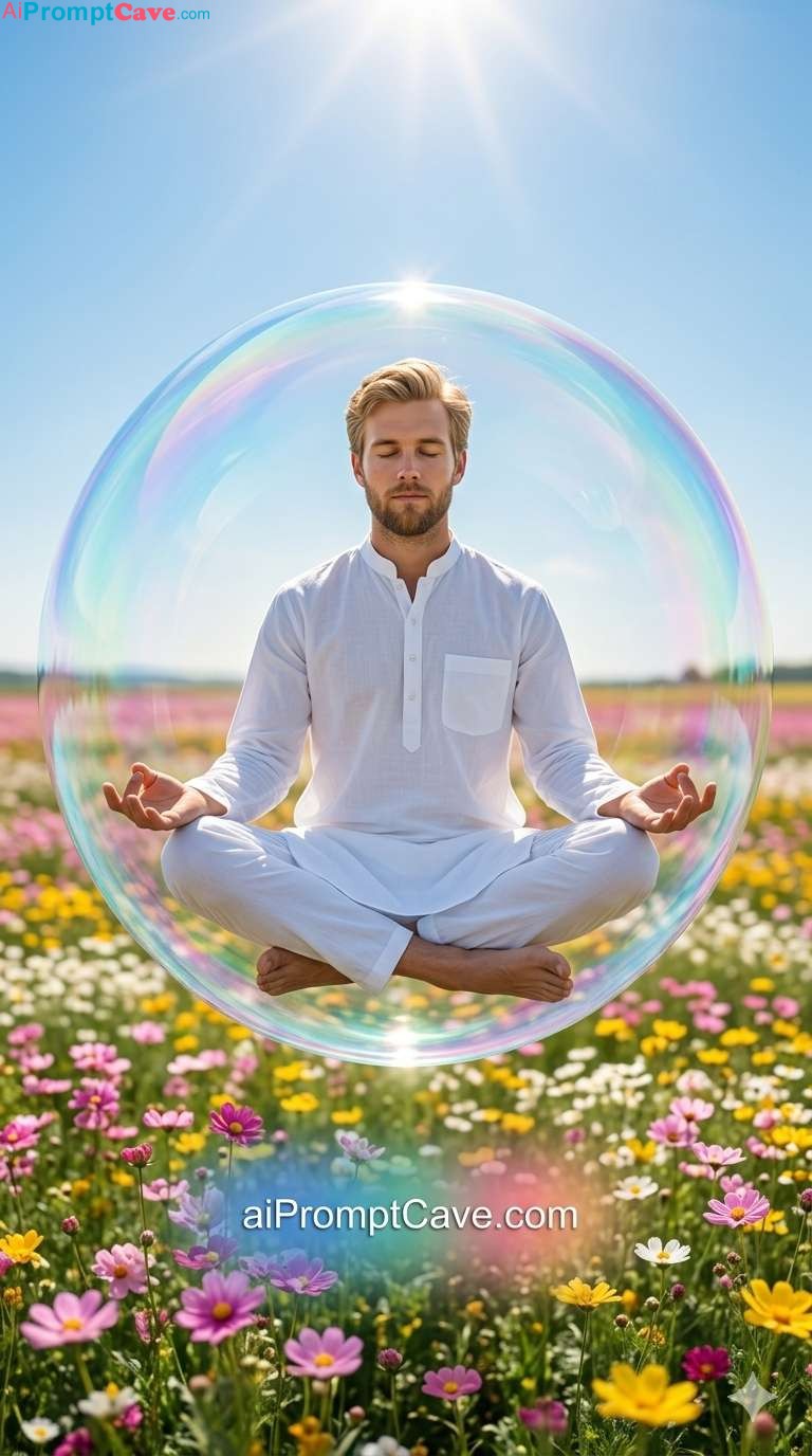 Turn your Photo into Levitation Meditation Portrait Inside Soap Bubble Field - Free Ai Prompt