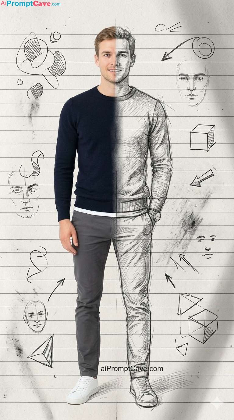 Turn your Photo into Mixed Media Sketchbook Pencil Portrait - Split Art Prompt - Free Ai Prompt