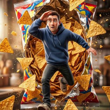 Turn your Photo into Tiny Man Exploding Chips Bag Escape Scene - Free Ai Prompt