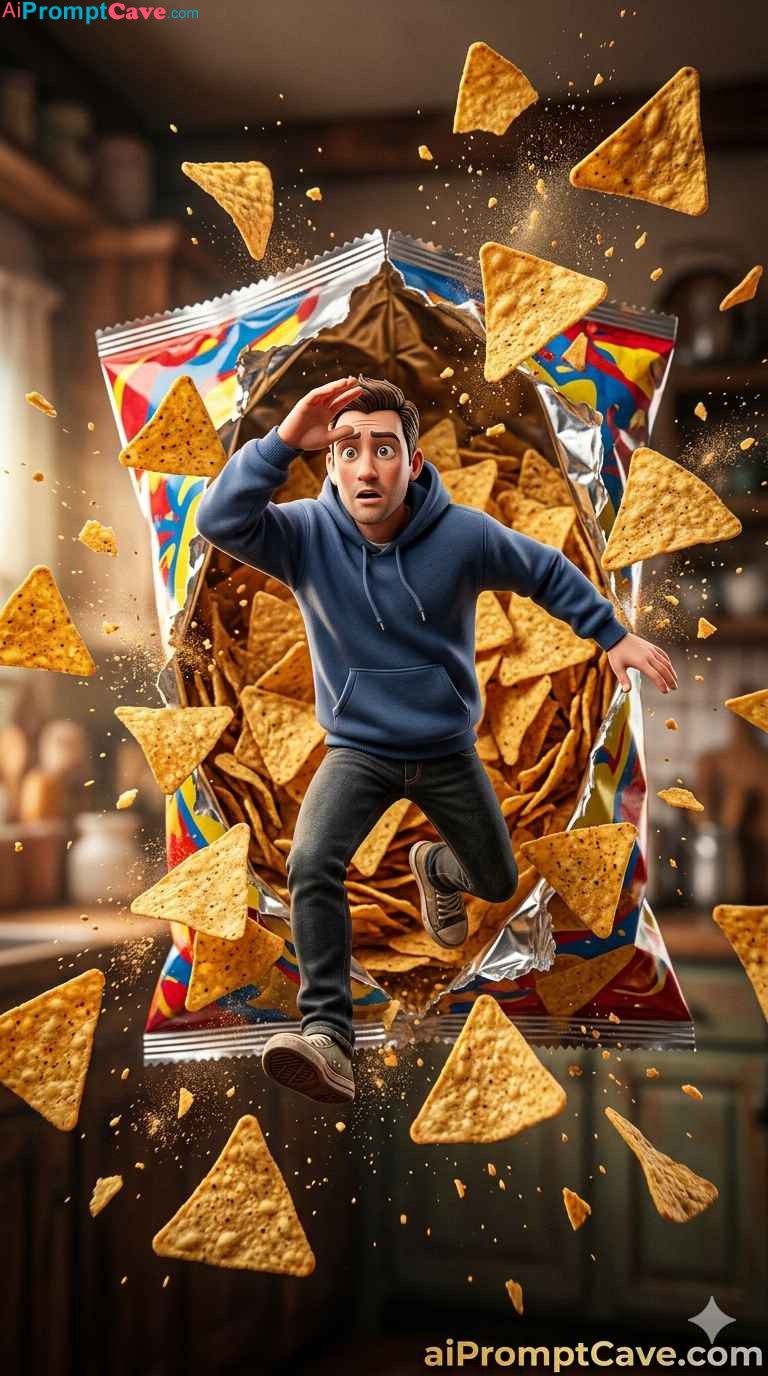 Turn your Photo into Tiny Man Exploding Chips Bag Escape Scene - Free Ai Prompt
