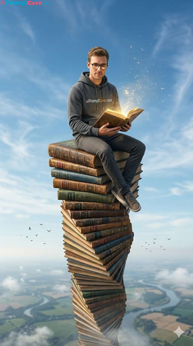 Turn your Photo into a Person Setting on Tower of Books Sky Scene - Free Ai Prompt