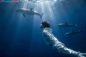 Underwater Digital Mysticism Scene with Dolphins and Young Man - Free Ai Image Prompt