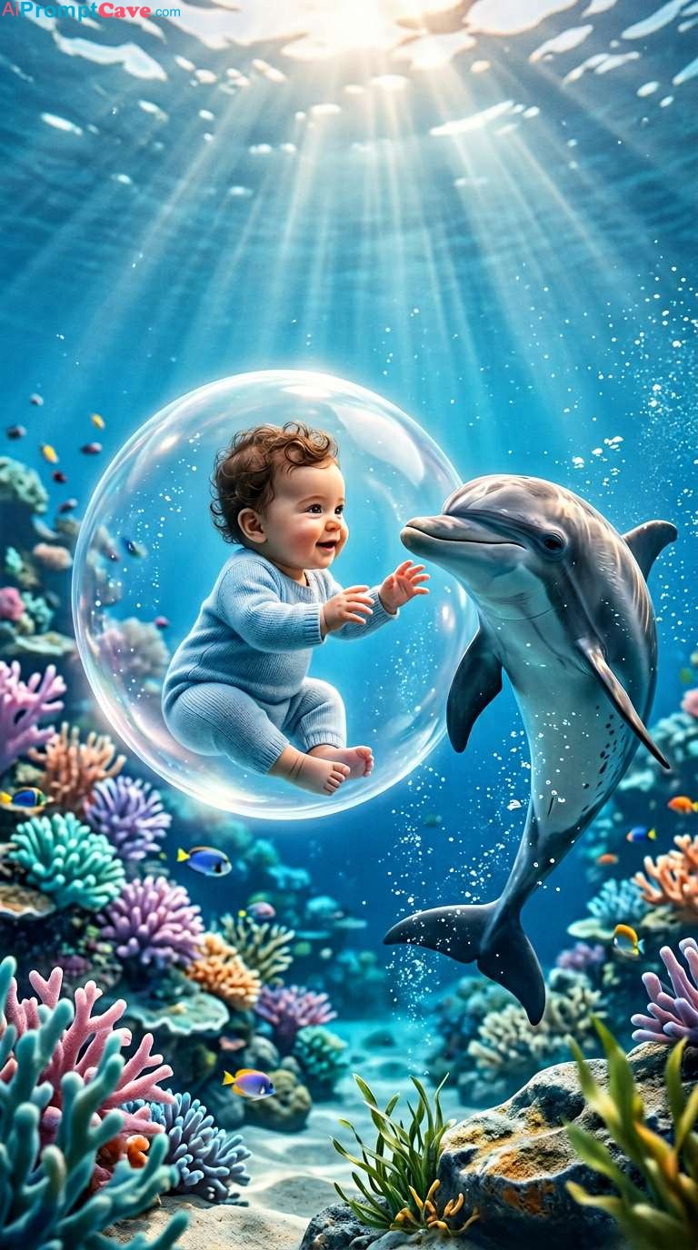 Whimsical Baby & Dolphin Underwater Fantasy - Free Ai Image Prompt