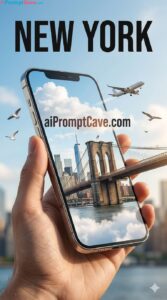 3D Travel Portal Smartphone Ad New York Cinematic Tourism Poster - Free Ai Image Prompt