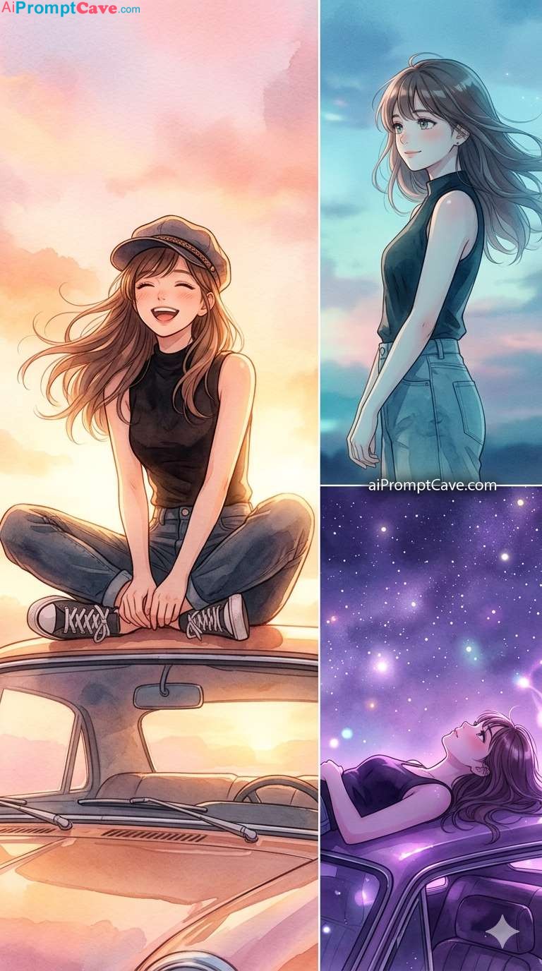 Anime Watercolor Three-Panel Split Composition - Free Ai Image Prompt