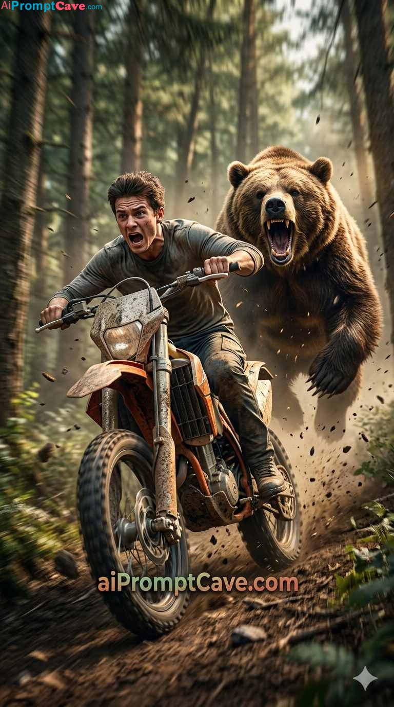 Bear Motorcycle Jungle Escape Scene - Free Ai Image Prompt